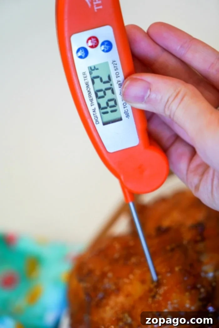 Achieving Perfect Steak Temperature 3 A hand holds a red digital thermometer inserted into a perfectly smoked piece of chicken thigh, showing a temperature reading of 160.7 degrees Fahrenheit, ensuring your Traeger creation is cooked to perfection.