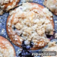 Close-up of blueberry muffins with a crumb topping for muffins, beautifully baked in a metal muffin tray.