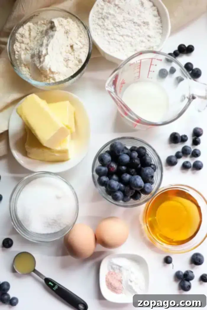 Just the Tops: Blueberry Muffin Perfection 4 A vibrant flat lay of baking ingredients: flour, fresh blueberries, butter, sugar, milk, two eggs, honey, baking powder, and lemon juice, all meticulously arranged for making perfect blueberry muffin tops.