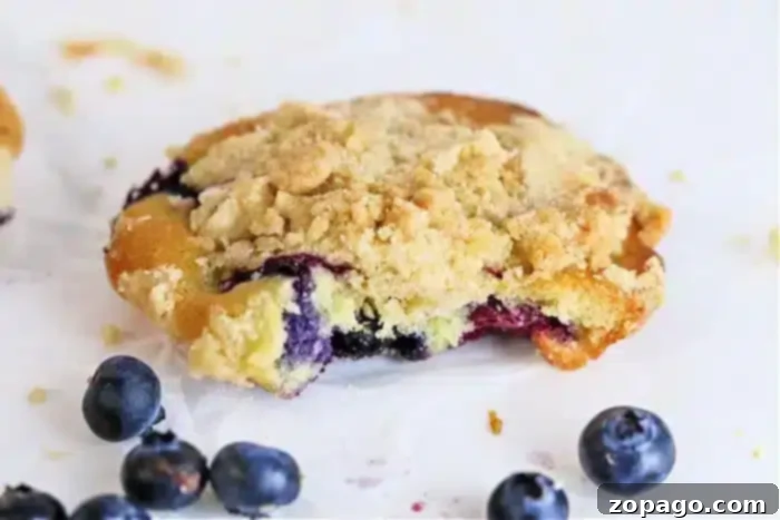 Just the Tops: Blueberry Muffin Perfection 7 A close-up shot of a delectable crumbly pastry, resembling blueberry muffin tops, with a rich blueberry filling and a generous streusel topping, resting on a pristine white surface. Fresh, whole blueberries are artfully scattered around the pastry.