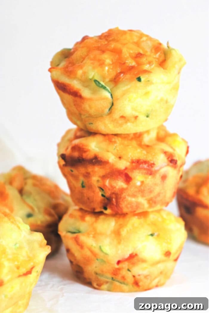 Irresistible Savory Zucchini Muffins 11 Three golden-brown savory veggie muffins stacked, showcasing their tender texture and vegetable inclusions against a clean background