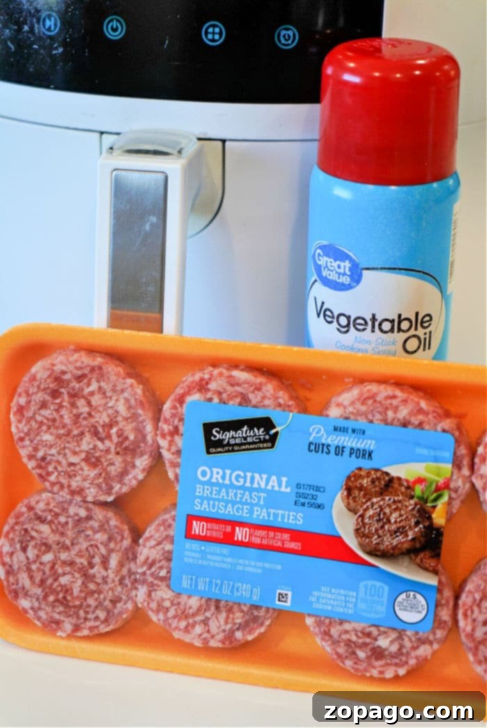 Easy Air Fryer Sausage Patties 3 Raw sausage patties ready for the Air Fryer