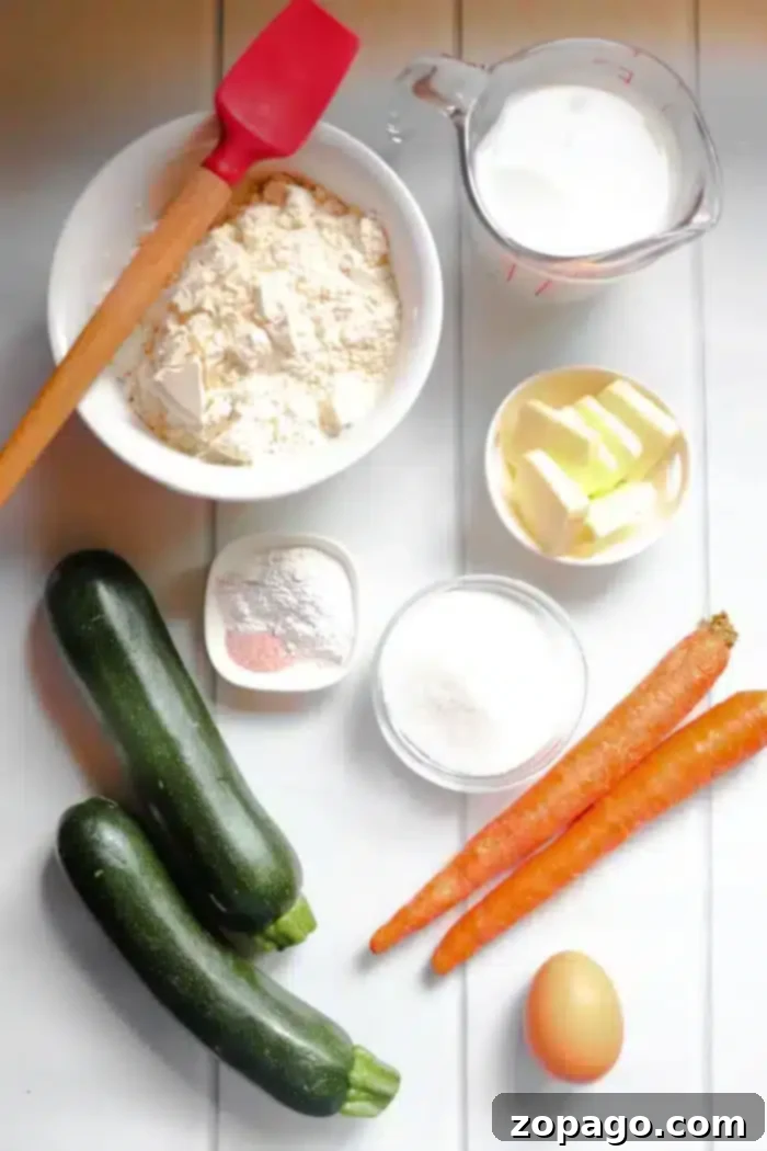 Zucchini Carrot Morning Glory Muffins 3 A flat lay of ingredients for baking zucchini carrot muffins. Includes a bowl of flour, a red spatula, a measuring cup of milk, butter, two zucchinis, two carrots, a small bowl of salt and baking powder, a bowl of sugar, and one egg on a white table.