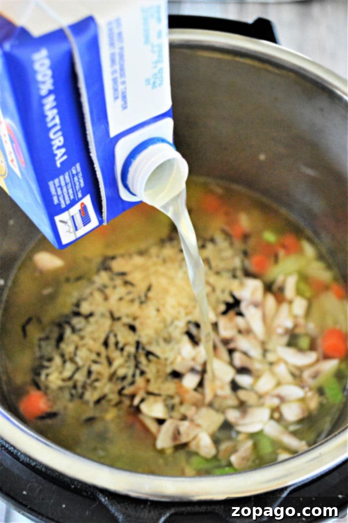 Comforting Instant Pot Chicken and Rice Soup 4 A close-up of a bowl of Instant Pot Chicken and Wild Rice Soup, garnished with fresh herbs, showcasing its rich texture.