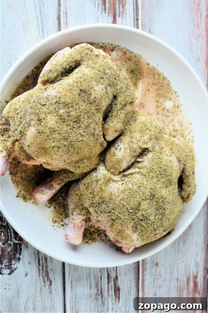 Crispy Air Fryer Cornish Hen 10 Two raw, seasoned little chickens in a white bowl rest on a rustic wooden surface, perfectly prepared for air frying.