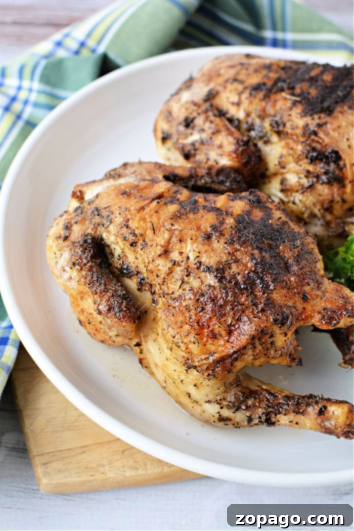 Crispy Air Fryer Cornish Hen 7 Two perfectly seasoned and roasted Cornish chickens resting on a white plate, framed by a blue and green checkered cloth, ready to be served.