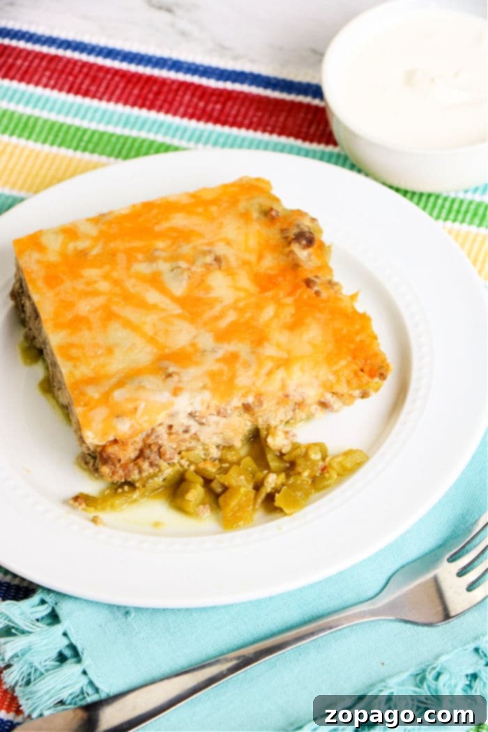 Cheesy Chile Relleno Bake 2 Hearty Chile Relleno Casserole with Ground Beef, fresh from the oven