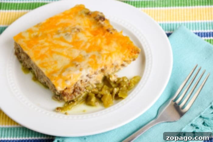 Cheesy Chile Relleno Bake 7 Generous serving of green chile casserole with toppings