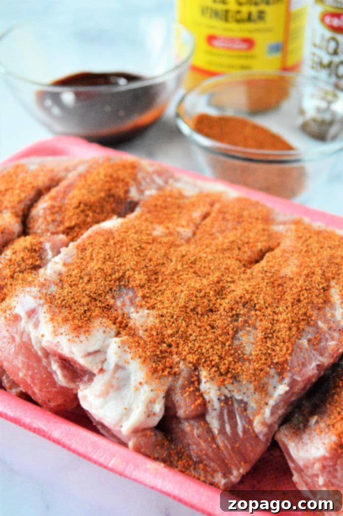 Instant Pot Country Style Pork Ribs 8 dry rub for ribs - A close-up of a flavorful dry rub coating pork ribs.
