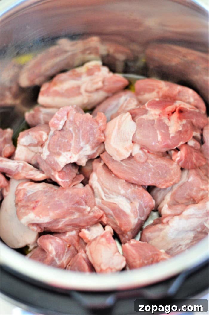 Filipino Pork Adobo 5 Raw chunks of pork meat piled inside a metal pot, ready to be transformed into savory pork adobo in the Instant Pot.