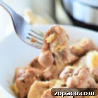 Filipino Pork Adobo 8 A fork holding a tender piece of pork adobo hovers above a bowl brimming with flavorful chunks, all effortlessly prepared in an Instant Pot.