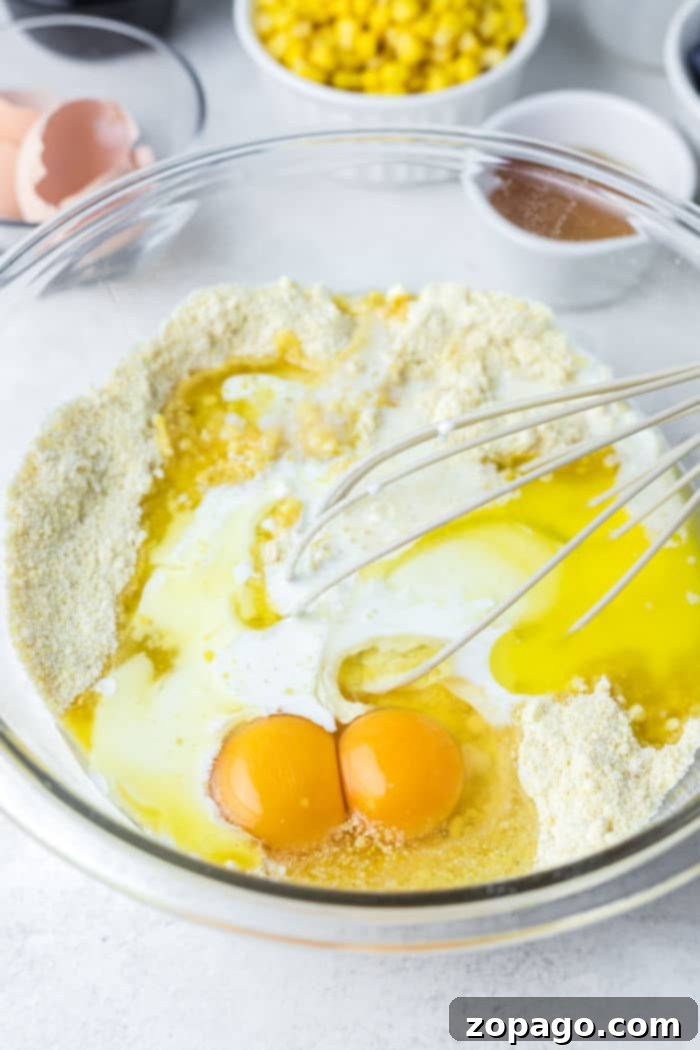 Homestyle Cast Iron Cornbread 5 A mixing bowl with flour, two cracked eggs, and milk being whisked; corn and other ingredients in the background ready to create a delicious Jiffy cornbread in a cast iron skillet.