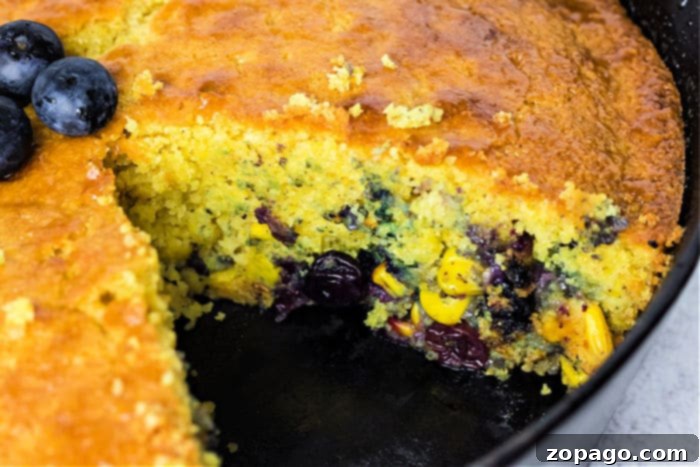 Homestyle Cast Iron Cornbread 8 A close-up of a slice removed from blueberry cornbread made with Jiffy mix in a cast iron skillet, revealing its moist texture and fresh blueberries.