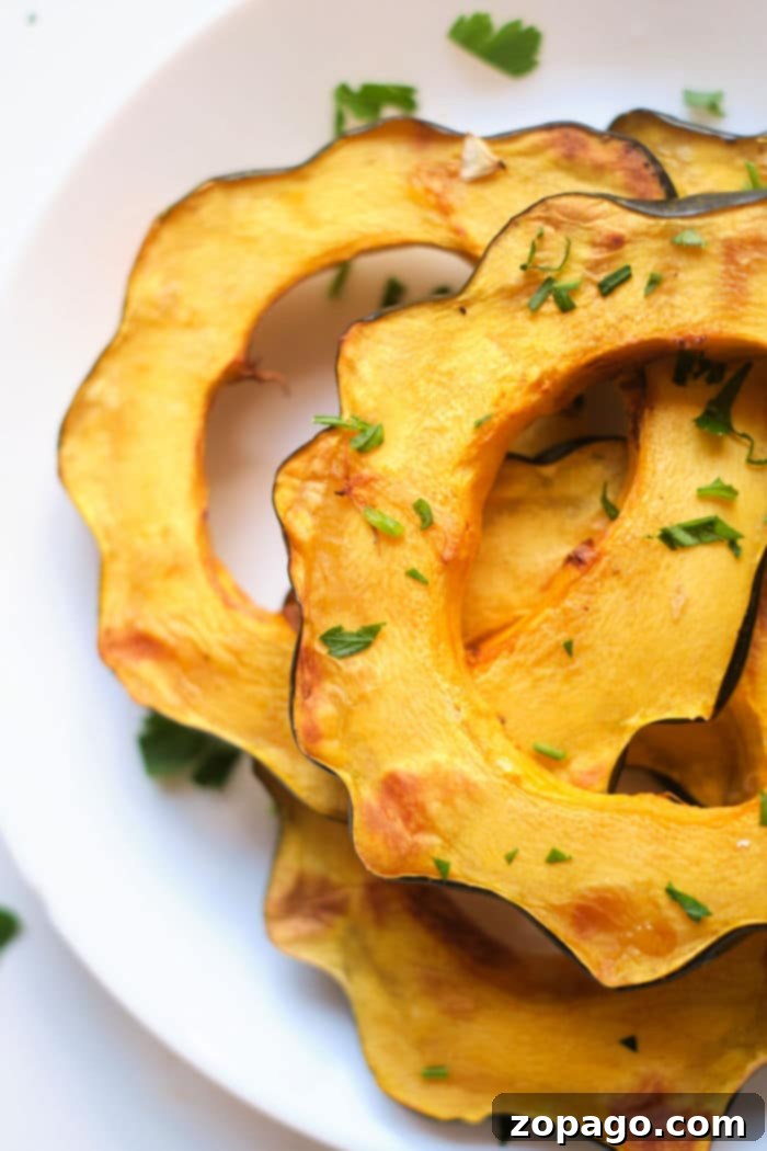 Perfect Air Fryer Acorn Squash 2 Sliced air fried acorn squash on a white plate, garnished with chopped herbs for a delightful flavor, reveals the magic of air fryer acorn squash.