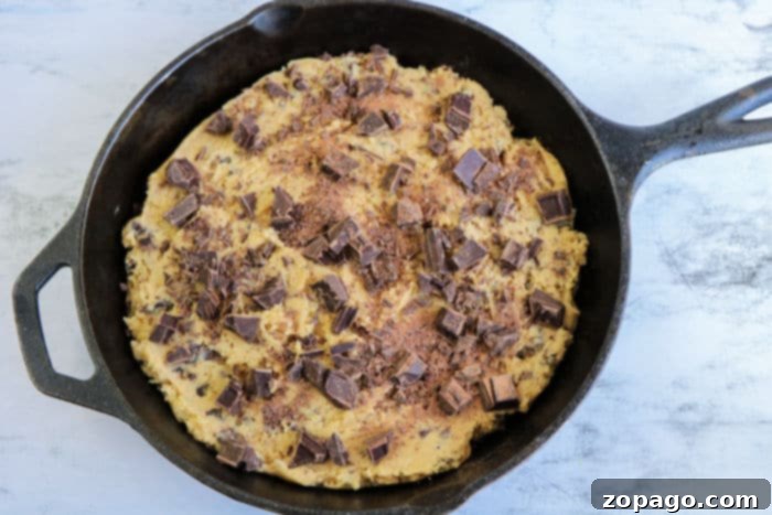 Gooey Cast Iron Skillet Chocolate Chip Cookie 5 A warm, bubbling Chocolate Chip Skillet Cookie, ready for a scoop of ice cream.