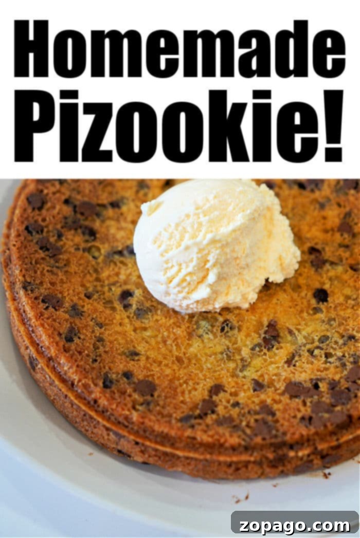 Gooey Cast Iron Skillet Chocolate Chip Cookie 7 A delicious Pizookie, served with vanilla ice cream and a drizzle of chocolate sauce.