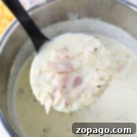 Ladle lifting creamy Chicken Crack Soup with chunks of tender meat from a pot.