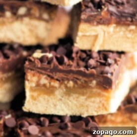 Stack of decadent chocolate chip caramel bars with a thick cookie base and rich chocolate topping, reminiscent of classic pecan shortbread bars.