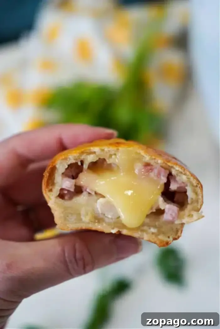 Crispy Air Fryer Chicken Cordon Bleu 2 A hand holds a baguette piece filled with melted cheese and small diced ham, reminiscent of the flavors in an air fryer chicken cordon bleu. A green herb is blurred in the background.