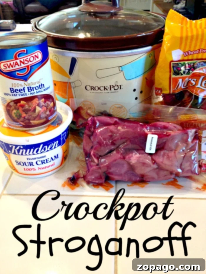 Crockpot beef stroganoff that only requires 5 ingredients and cooks all day in the crockpot. The best way to make tender beef with a creamy sauce. #crockpot #slowcooker #beefstroganoff #beef #stew Close-up of creamy crockpot beef stroganoff with tender chunks of beef, ready to serve.