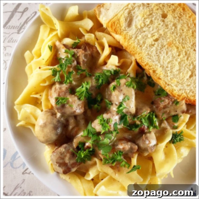 Rich & Creamy Crockpot Stroganoff 3 A bowl of slow cooker beef stroganoff, rich and hearty, perfect for dinner.