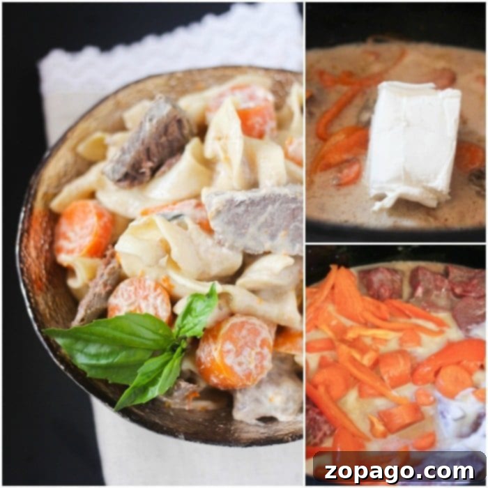 Crockpot beef stroganoff that only requires 5 ingredients and cooks all day in the crockpot. The best way to make tender beef with a creamy sauce. #crockpot #slowcooker #beefstroganoff #beef #stew Overhead view of a finished crockpot beef stroganoff recipe, served with pasta and a garnish.