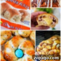 Collage of frozen dinner rolls: bagged, stuffed, frosted, with sprinkles, and as a pull-apart loaf—perfect inspirations for your favorite frozen bread dough recipes.