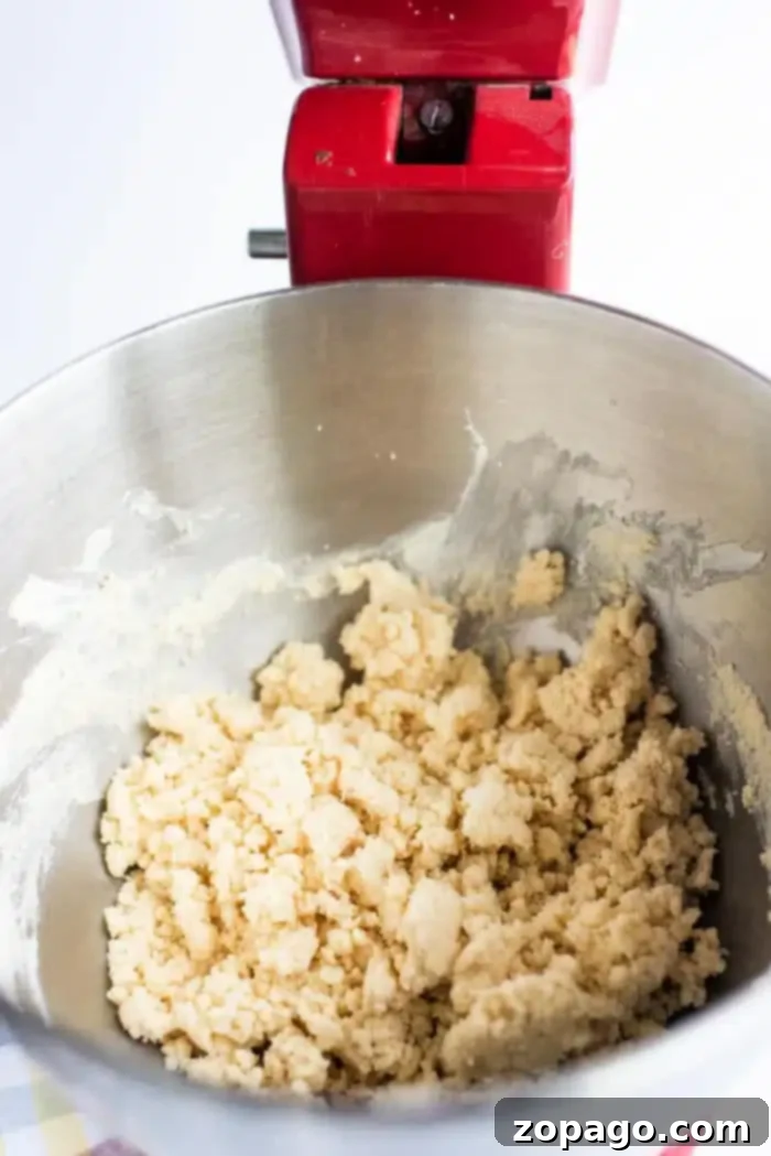 Effortless 3-Ingredient Shortbread 5 A close-up view of crumbly shortbread dough in a metal mixing bowl, attached to a red stand mixer. The light-colored, buttery dough is in the process of being mixed, showcasing its rough yet pliable texture, promising delicious homemade shortbread cookies.