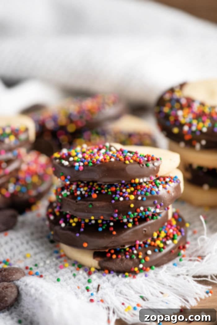 Effortless 3-Ingredient Shortbread 8 A selection of homemade shortbread cookies, some beautifully dipped in chocolate and others left plain, elegantly arranged on a serving plate. The rich, buttery texture of the cookies is evident, highlighting their simple yet satisfying appeal.