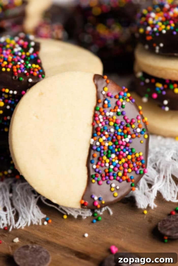 Effortless 3-Ingredient Shortbread 9 A selection of beautifully decorated shortbread cookies, featuring chocolate dips and vibrant sprinkles, arranged on a serving plate. The image highlights the best shortbread cookie recipe for decorating, showcasing their potential as festive treats.
