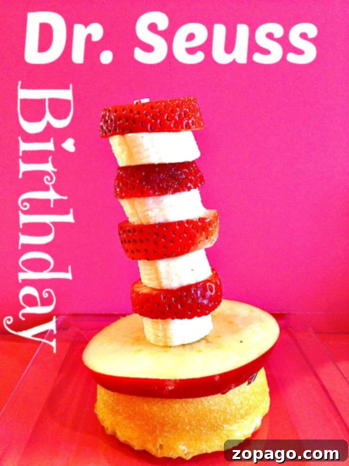 Serve vibrant and healthy Dr. Seuss themed fruit skewers, inspired by Truffula Trees, for classroom parties and home celebrations. #drseuss #drseussbirthday #healthysnacks #kidsfruit Healthy Dr. Seuss fruit skewers, inspired by Truffula Trees from The Lorax