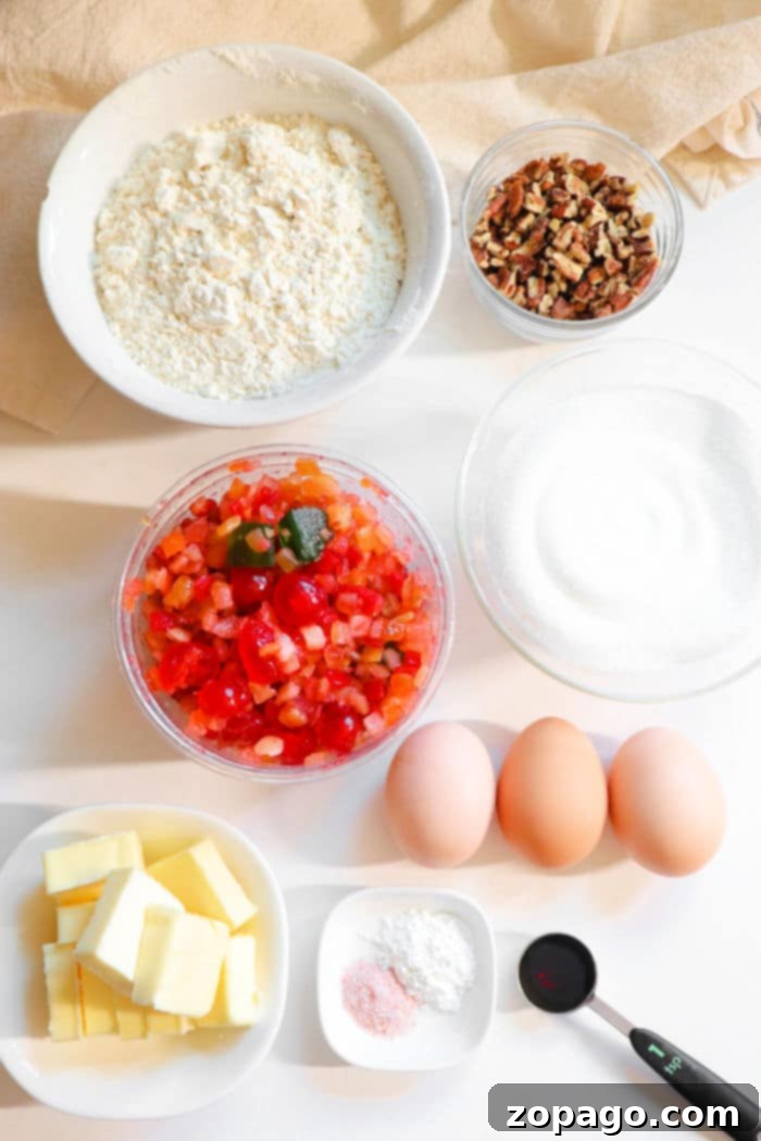 Grandma's Signature Fruitcake 3 Essential fruit cake ingredients laid out for baking