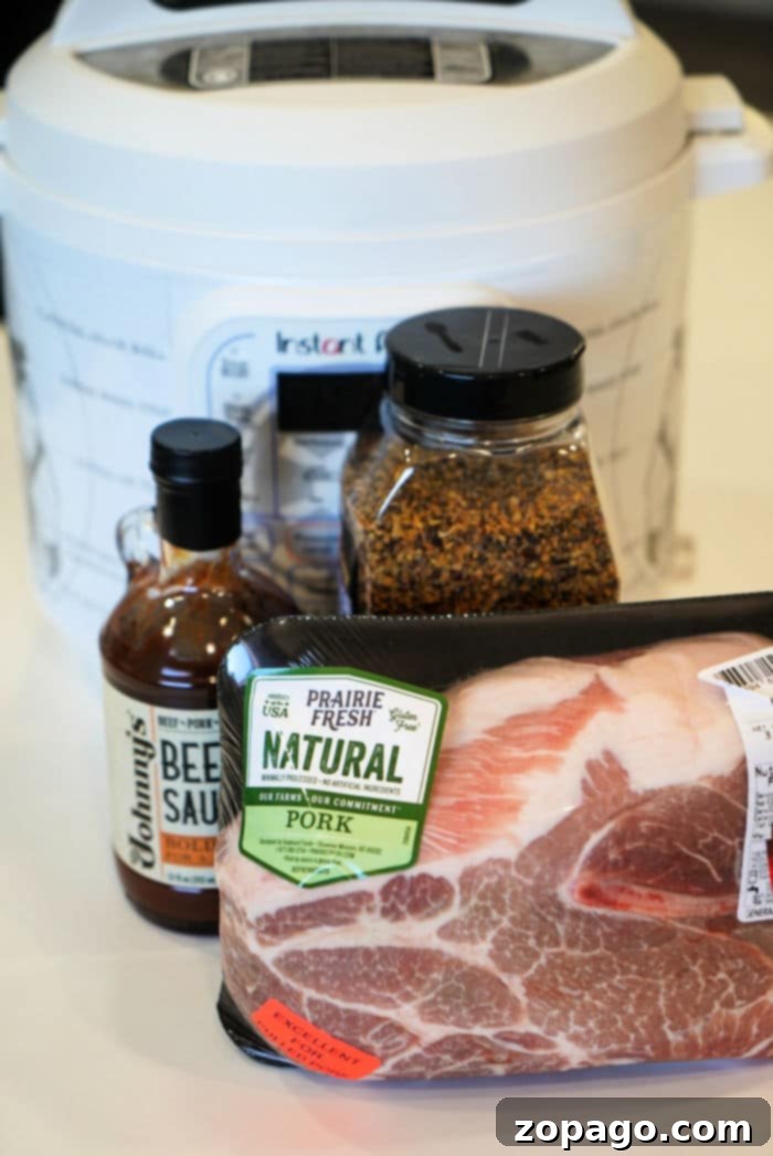 Instant Pot Pulled Pork 11 Pork butt nestled in the Instant Pot, accompanied by a bottle of beef sauce and a jar of spices, creates an enticing aroma on the countertop.