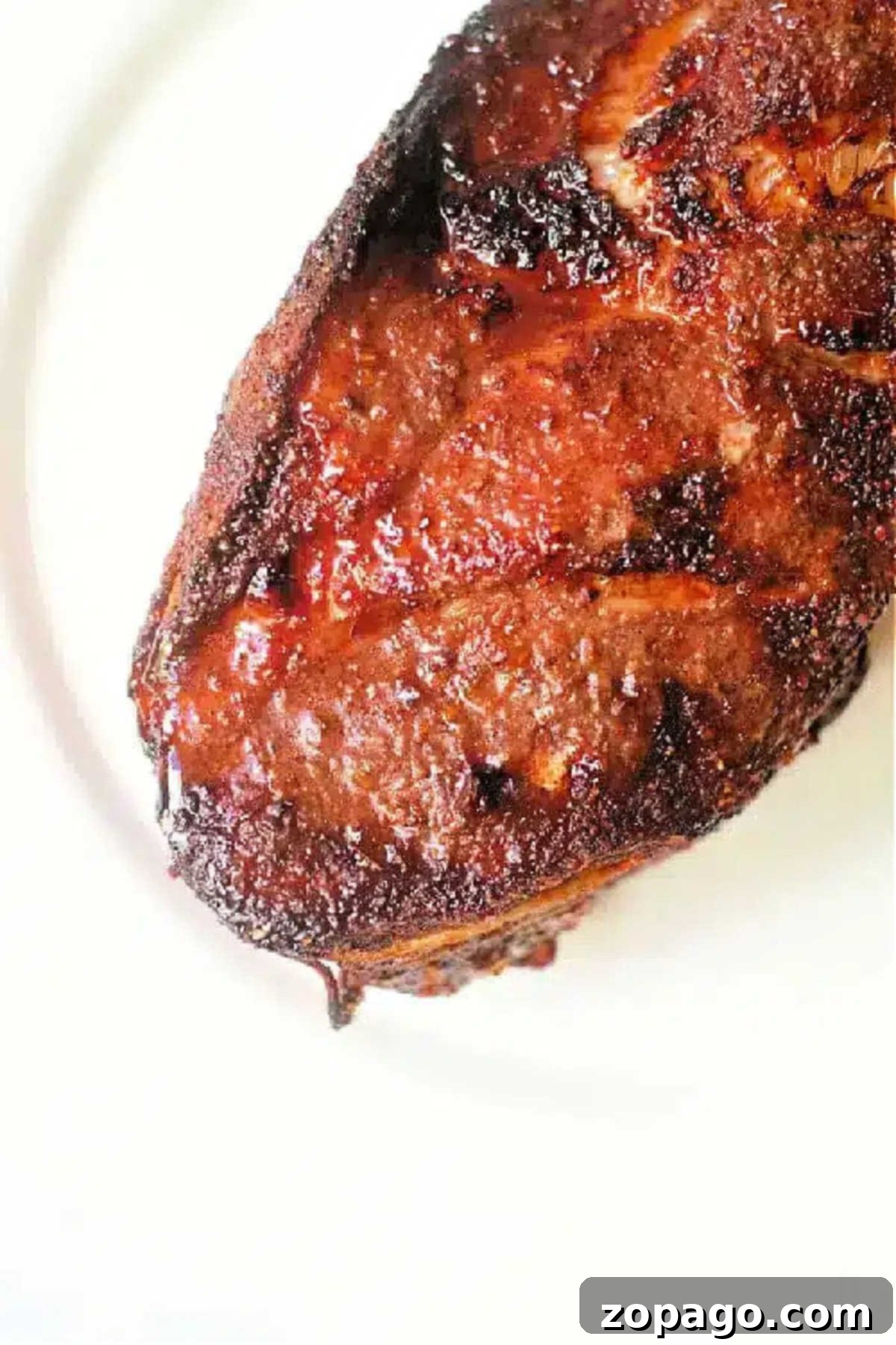 Close-up of a perfectly cooked, well-seasoned pork roast with a crispy, caramelized crust on a white plate, showcasing the ideal finish from an air fryer.