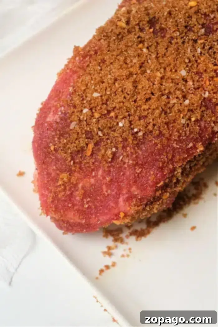 Crispy Air Fryer Pork Roast 4 A close-up of a piece of raw meat, likely air fryer pork roast, coated with a brown seasoning rub, placed on a white surface. The seasoning appears coarse and covers the entire visible part of the meat, with some granules scattered on the surface below.