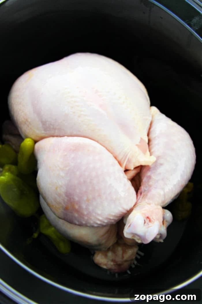 Zesty Pepperoncini Chicken 3 A whole raw chicken, carefully placed within the dark interior of a Crock-Pot slow cooker, ready to be transformed into a tender and flavorful meal.