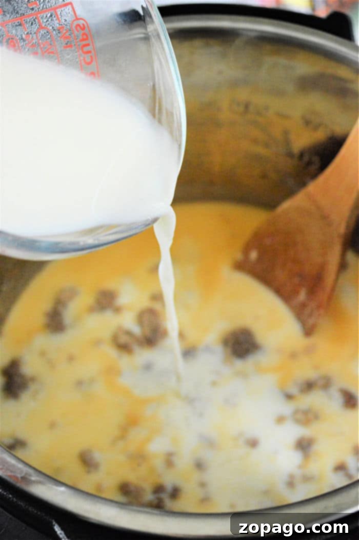 Effortless Instant Pot Sausage Gravy 7 A serving of classic sausage gravy with visible chunks of sausage, ready to be paired with fluffy biscuits for a comforting meal.