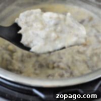 A close-up captures a spoonful of rich, creamy instant pot sausage gravy being elegantly lifted, showcasing its smooth texture and savory aroma.