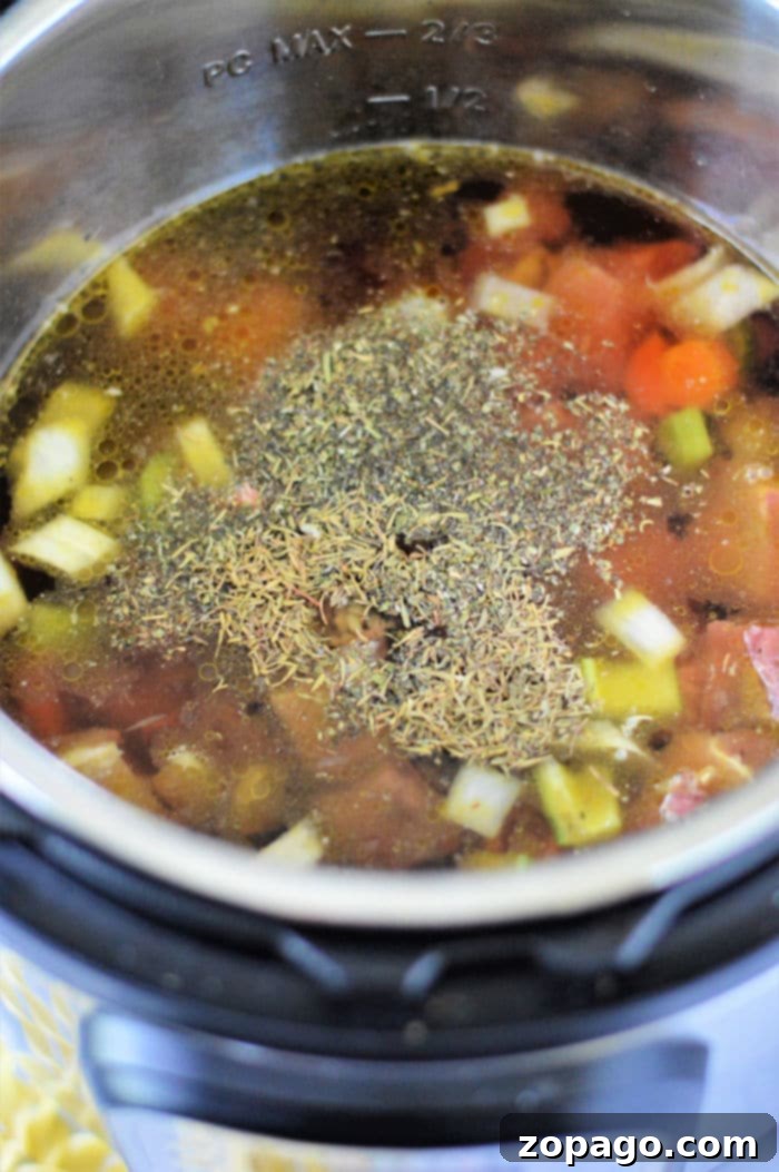 Hearty Instant Pot Beef Noodle Soup 6 A bowl of Instant Pot Beef Soup, rich and steaming, with chunks of beef and vegetables.