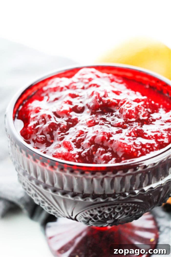 Signature Ocean Spray Cranberry Sauce 5 A glass bowl of vibrant cranberry sauce recipe with hints of orange juice, shines with textured details against a pristine white background.