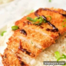 A plate with white rice topped with sliced, air fryer chicken katsu drizzled with dark sauce and garnished with sliced green onions.