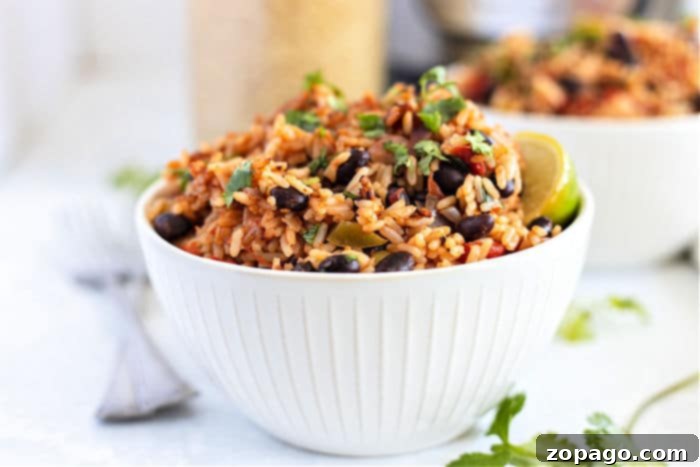Easy Instant Pot Black Beans and Rice 8 A large serving of Black Beans and Rice in a bowl.