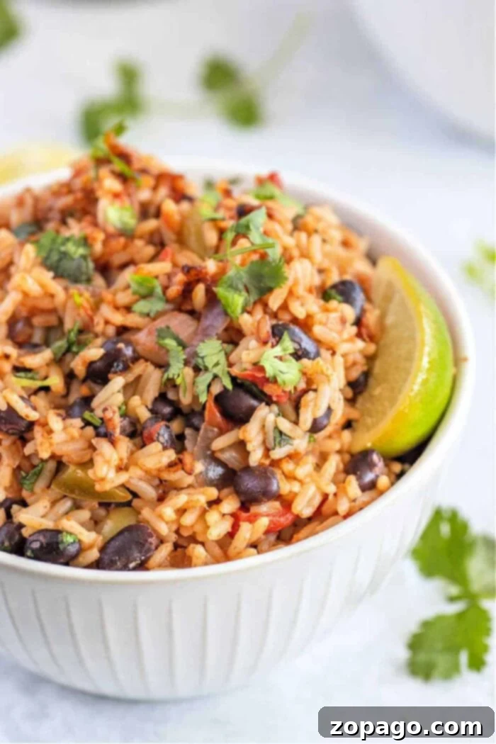 Easy Instant Pot Black Beans and Rice 9 Instant Pot black beans and rice with canned beans in a rustic bowl.