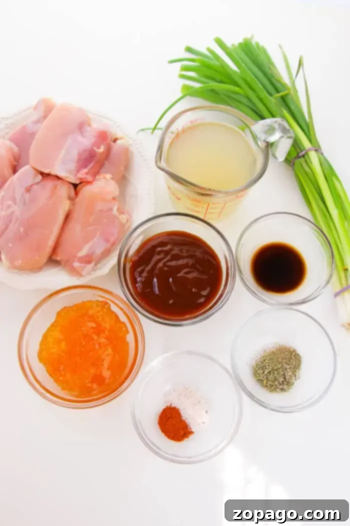 Effortless Slow Cooker Boneless Skinless Chicken Thighs 4 Ingredients on a white surface include boneless skinless chicken thighs on a plate, green onions tied with string, a measuring cup with liquid, small bowls of orange-colored sauce and brown sauce, soy sauce, and seasonings of salt, pepper, and paprika—perfect for your crockpot creation.