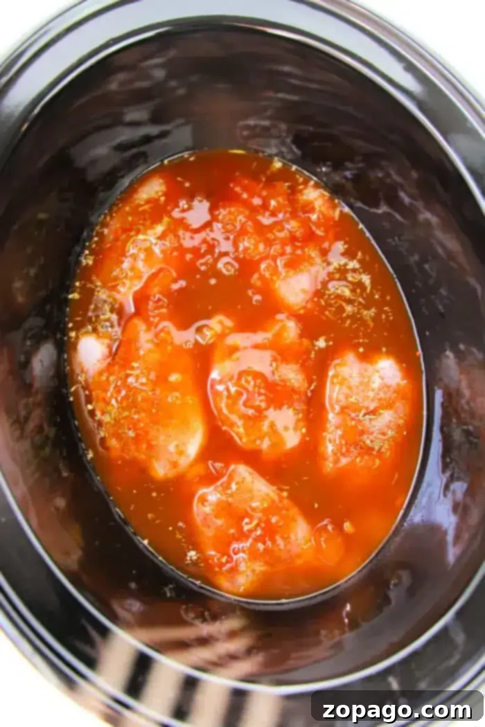 Effortless Slow Cooker Boneless Skinless Chicken Thighs 5 Boneless skinless chicken thighs are submerged in a rich, red tomato-based sauce inside a crockpot. The mixture is enhanced with herbs and spices, creating a savory aroma. The sleek, black slow cooker features a reflective interior that beautifully showcases the appetizing dish.