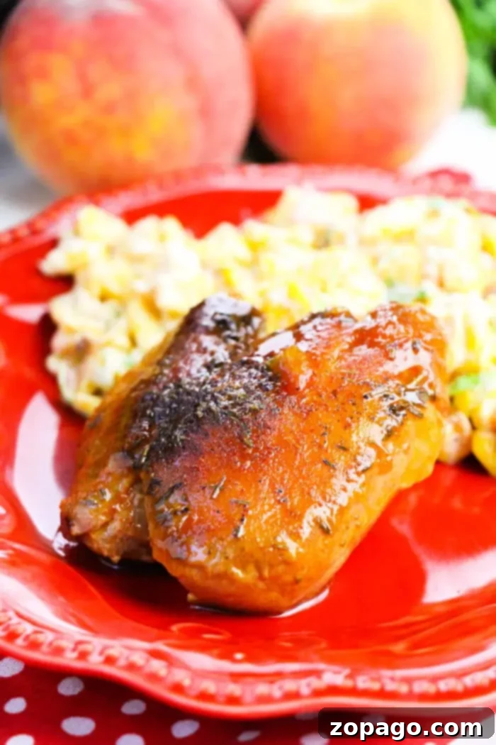 Effortless Slow Cooker Boneless Skinless Chicken Thighs 6 A plate with boneless skinless chicken thighs, glazed to perfection, alongside a side of macaroni salad on a red dish. Two peaches are blurred in the background.