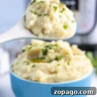 A spoonful of garlic mashed potatoes garnished with chopped parsley is held above a blue bowl filled with more mashed potatoes. A pressure cooker is visible in the background.