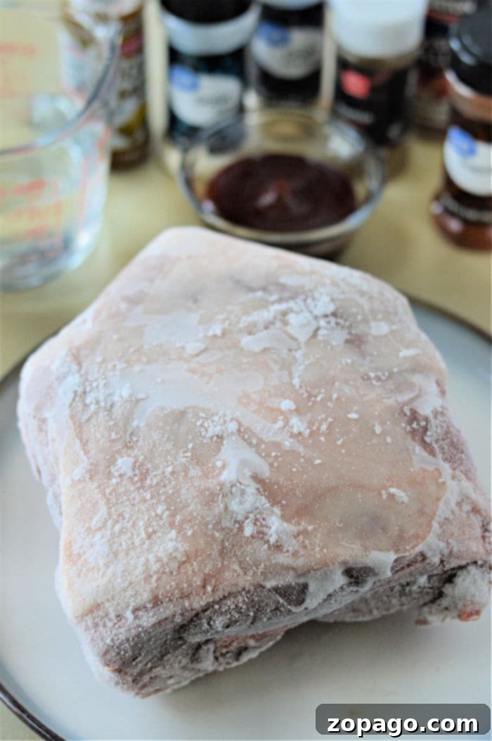 A large piece of frozen pork butt, seasoned and ready for pressure cooking