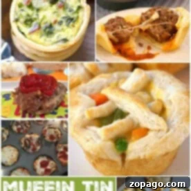 A collage of muffin tin meals and desserts showcases delectable creations like vegetable quiche, a savory meatball dish, frosted cupcake delights, pot pie packed with mixed veggies, and more.