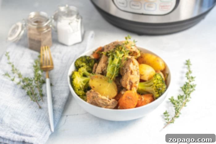 Speedy Instant Pot Chicken and Garden Vegetables 7 Hearty Instant Pot chicken and vegetables served in a bowl, perfect for a family dinner.